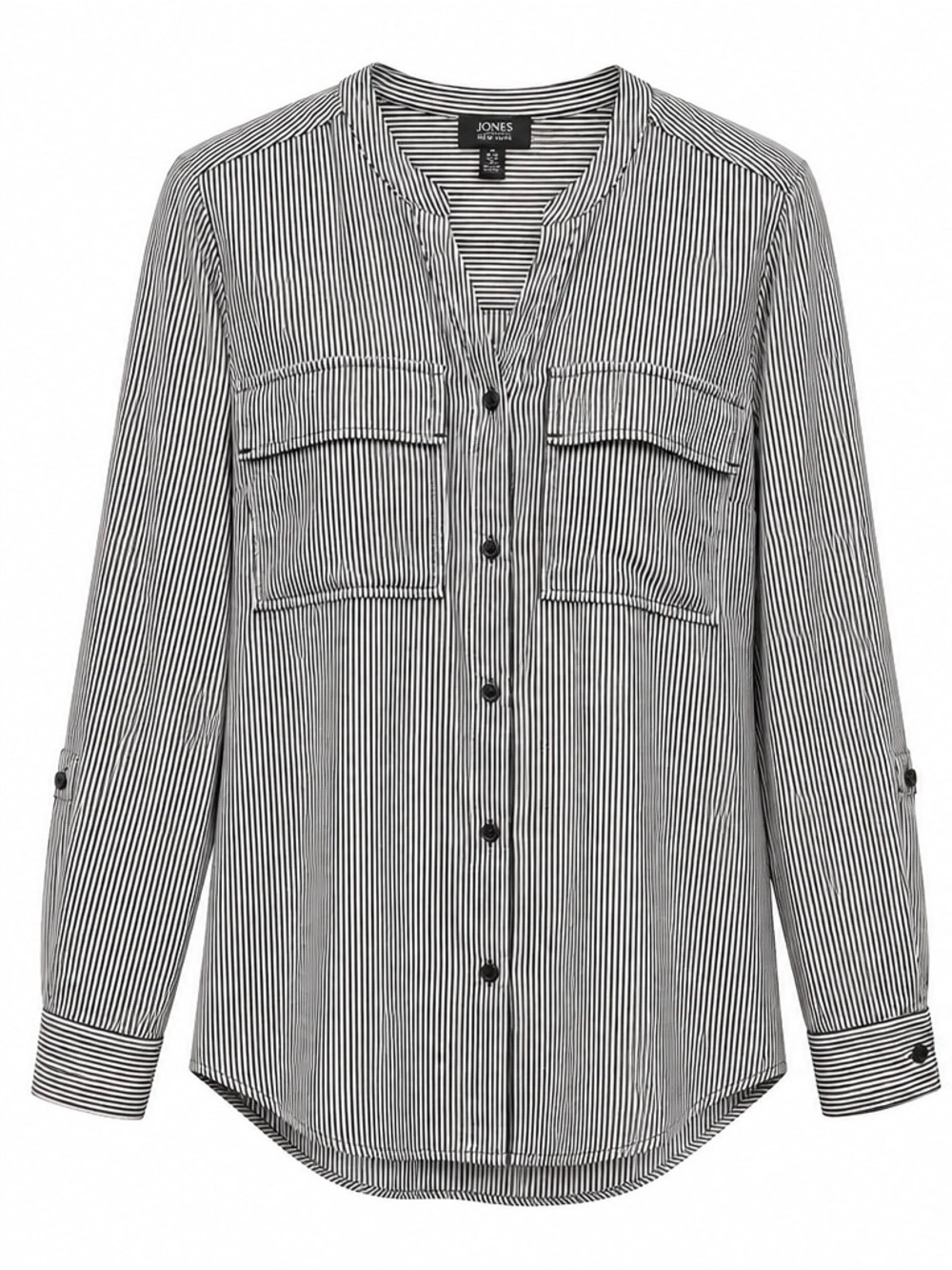 Jones New York Black and White Vertical Stripe Button-Front Shirt